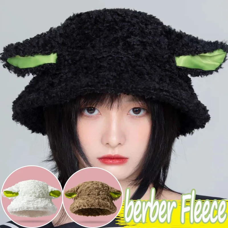 2023 Cute Women Lamb Wool Bucket Hat Winter Sheep Ear Plush Panama Caps for Girls Warm Faux Fur Soft Female Fisherman Sun Hats