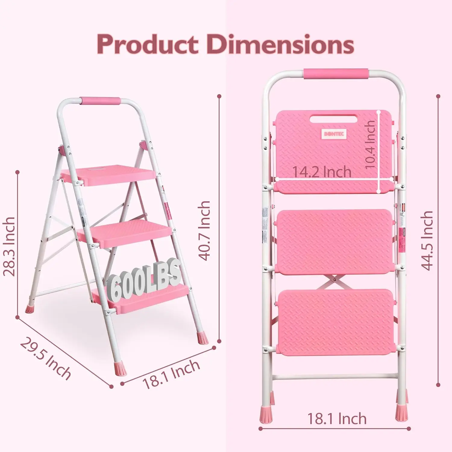 3-Step Ladder, Folding Step Stool with Wide Anti-Slip Pedals, Max Load Capacity 600lbs Sturdy Steel Ladder