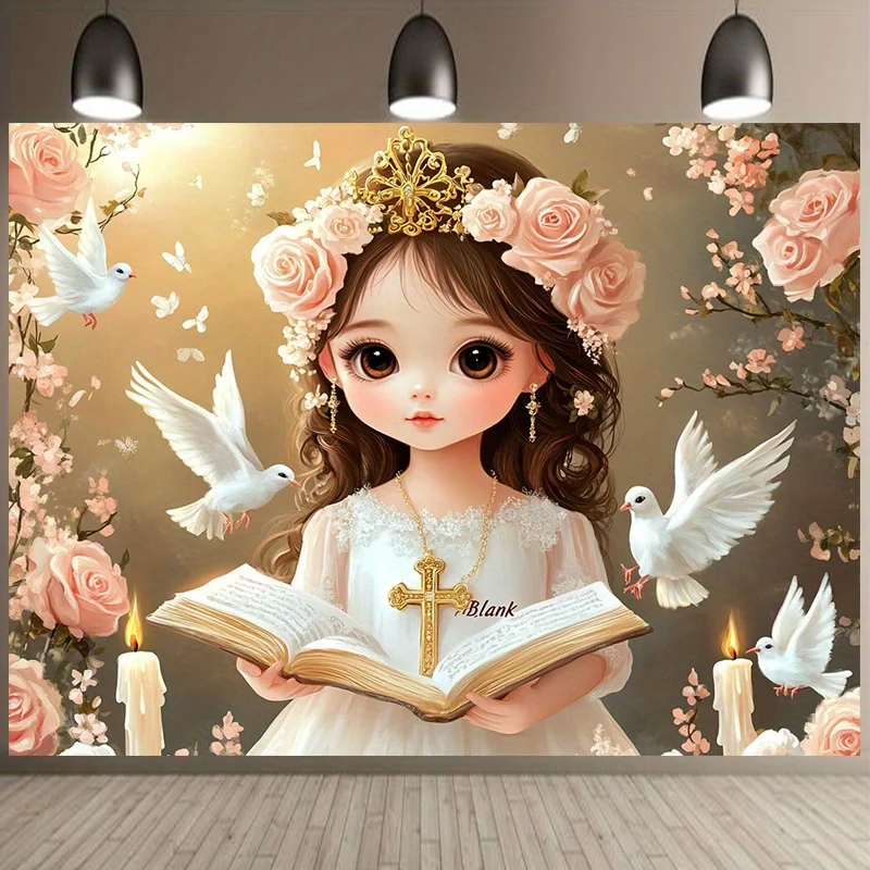 Der Hintergrund der Erstkommunionfotografie des Heiligen Segens – religiöses Design mit Kreuzungen, Tauben und Rosen