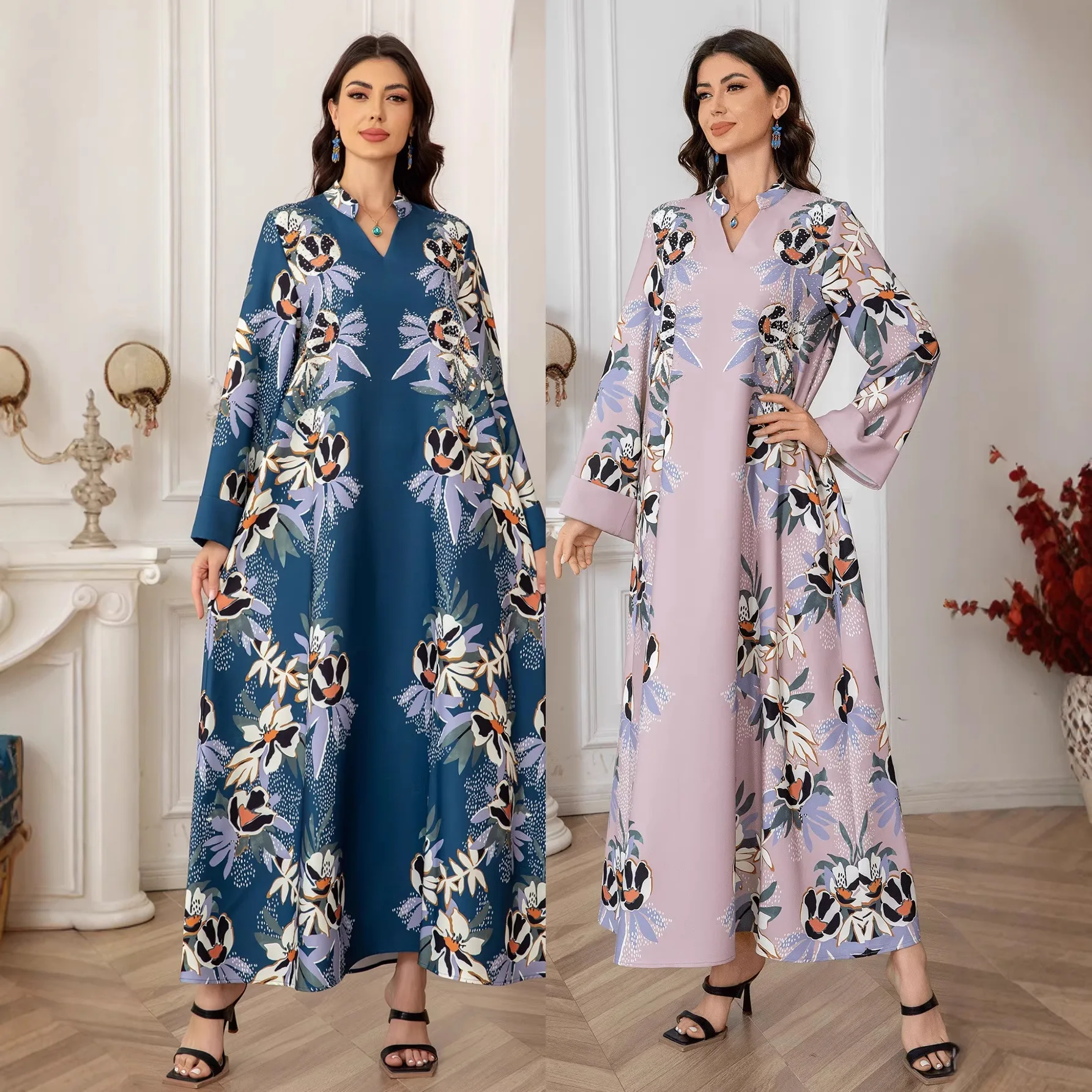 

Sw0802 Women's Elegant Printed Long Skirt Dress 2026 Muslim Long Dress Robe Abaya Ramadan Dubai Luxury Islam Elegant