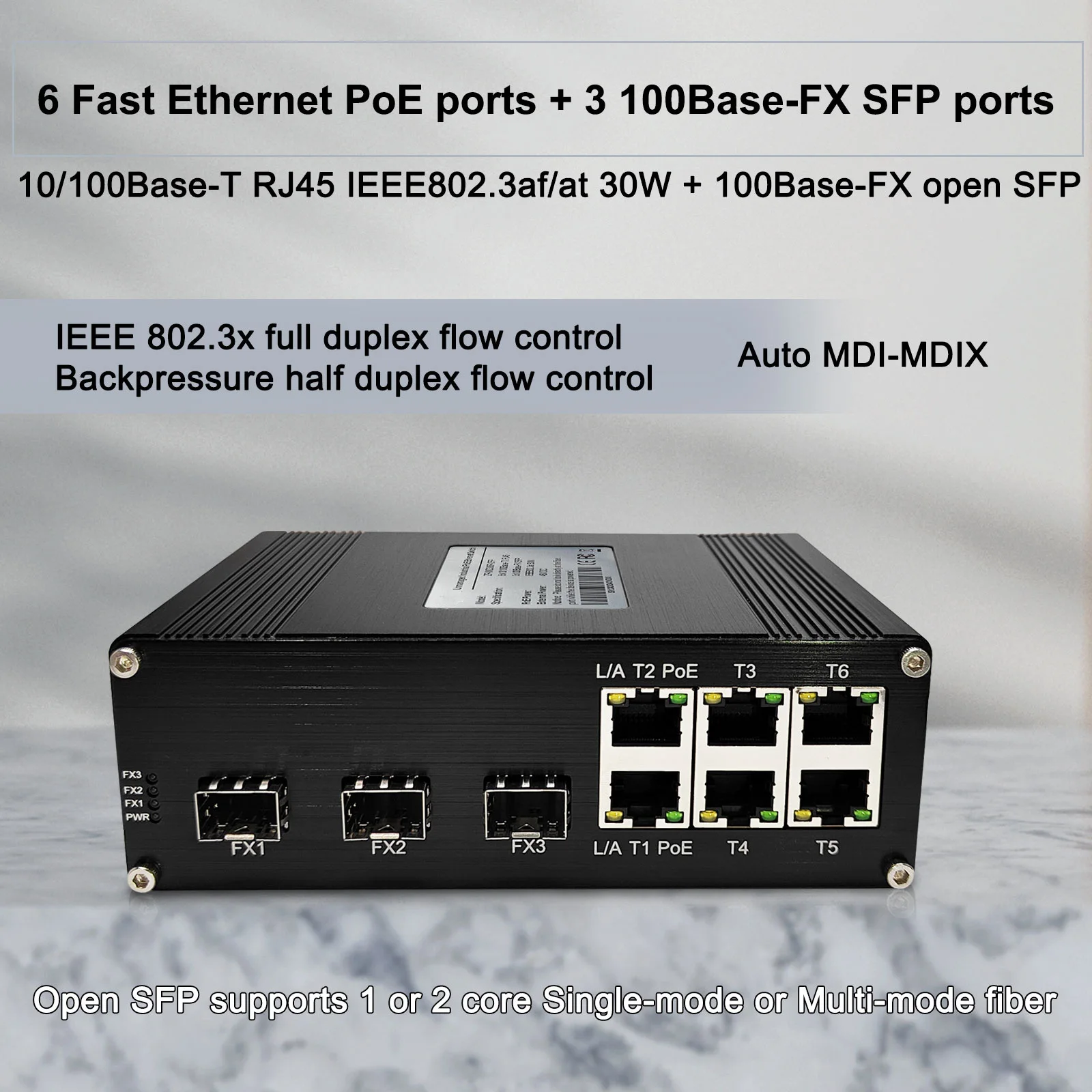 Industrial 6-Port 10/100T 802.3af/at PoE + 3-Port 100BASE-FX Ethernet Switch