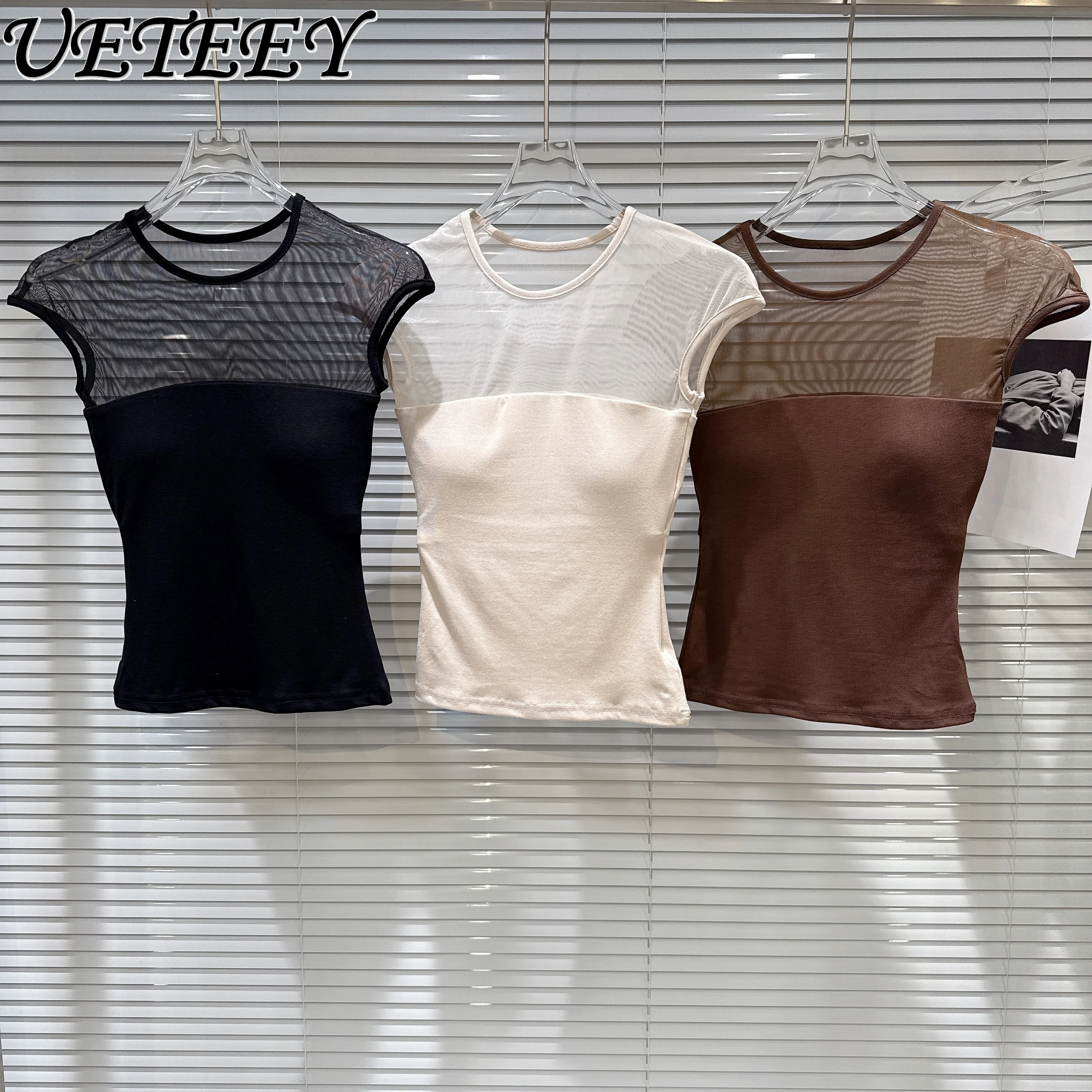 

2025 Summer New Sexy Sweet Pure Desire Mesh T-shirt Sexy Micro-transparent Chest Pad Short-sleeved Tshirt Women's Black Y2k Top