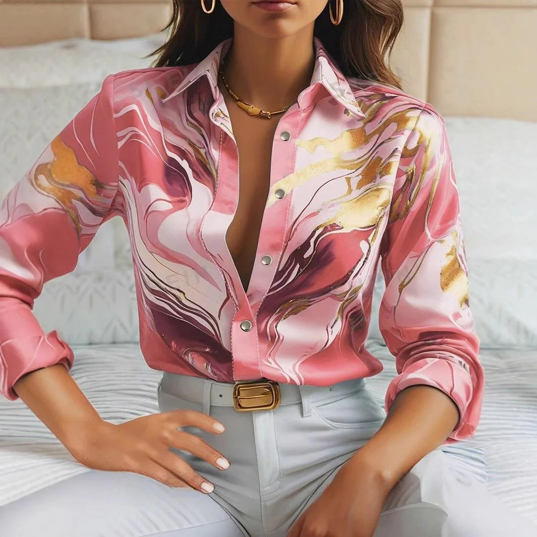 

Long Sleeve Turn-down Collar Shirt Women's Polyester Fabric Resistant to Deformation 3D Effect Print Autumn Fashion Ladies' S...
