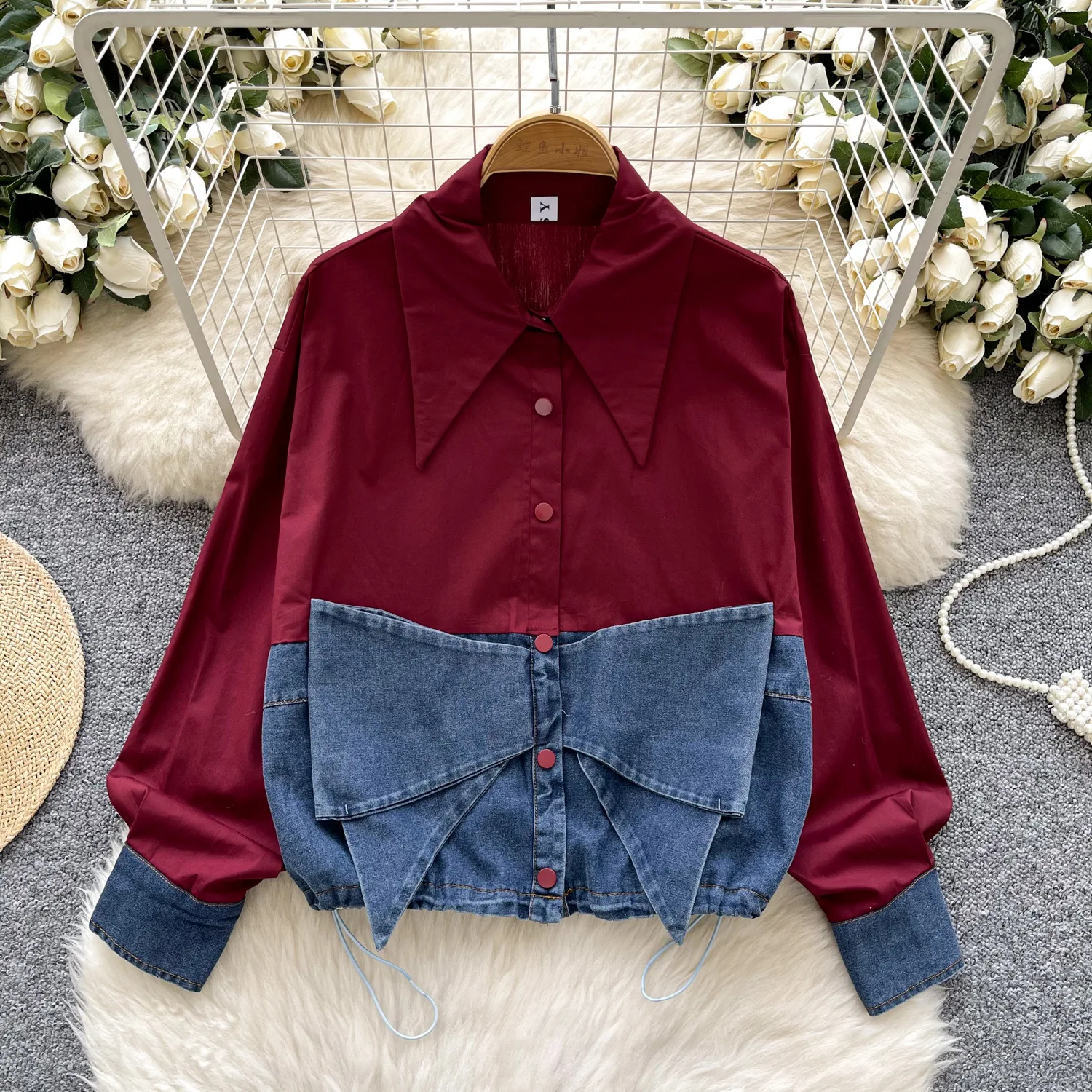 Spring Fashion Korean Style Women's Casual Trendy Turn-down Collar Long Lantern Sleeve Jean Spliced Shirts Female Tops Clothes