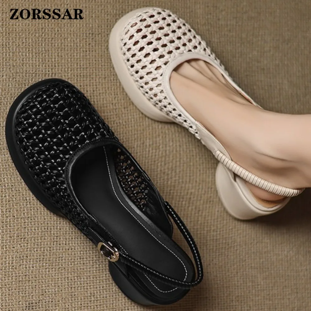 Women's Genuine Leather Woven Platform Chunky Heel Slingback Sandals Closed Toe Ankle Strap with Buckle Breathable Summer Shoes