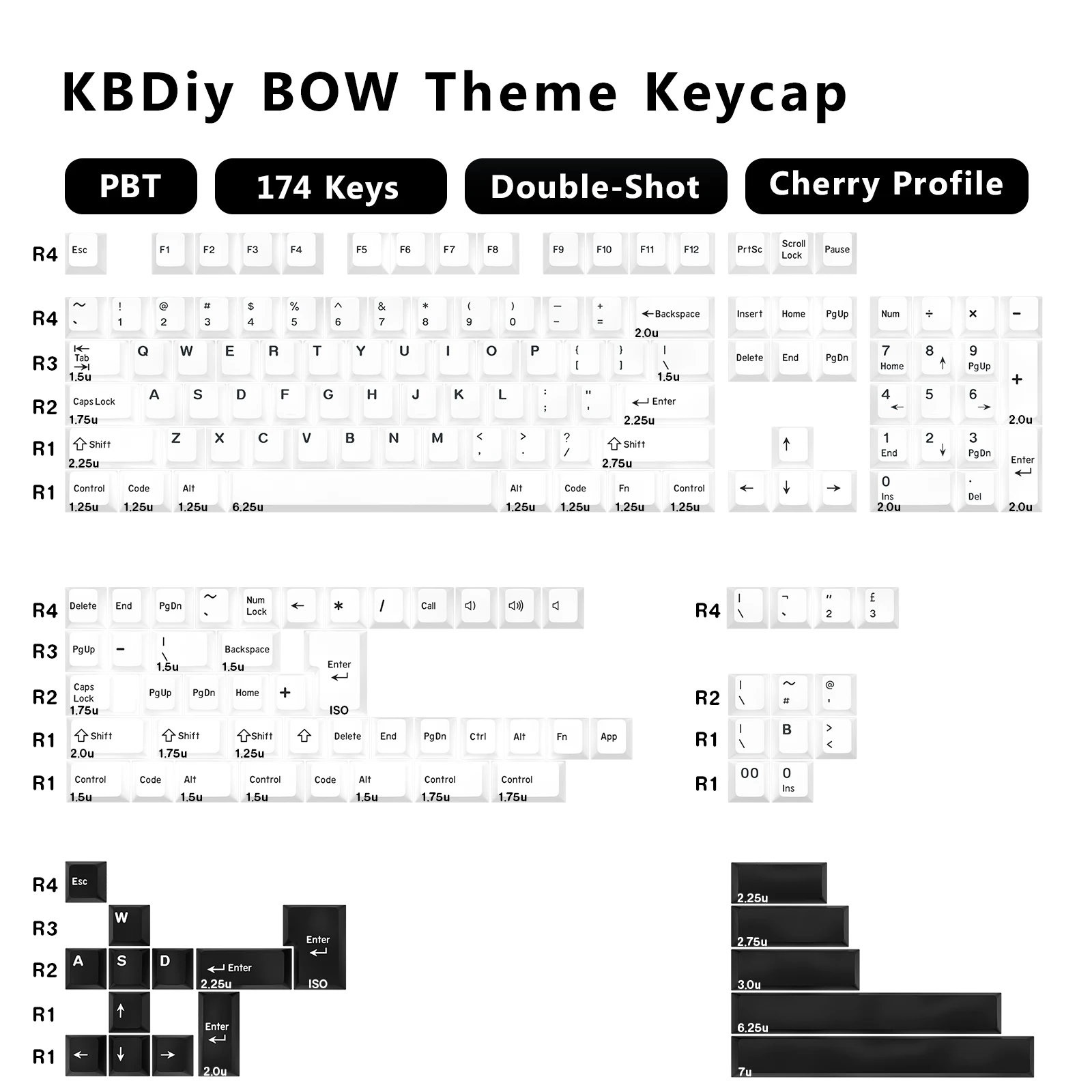 KBDiy GMK BOW Keycap Cherry Profile doble disparo PBT ISO 7u teclas blancas y negras Retro para teclado mecánico GMK67 MX Switch