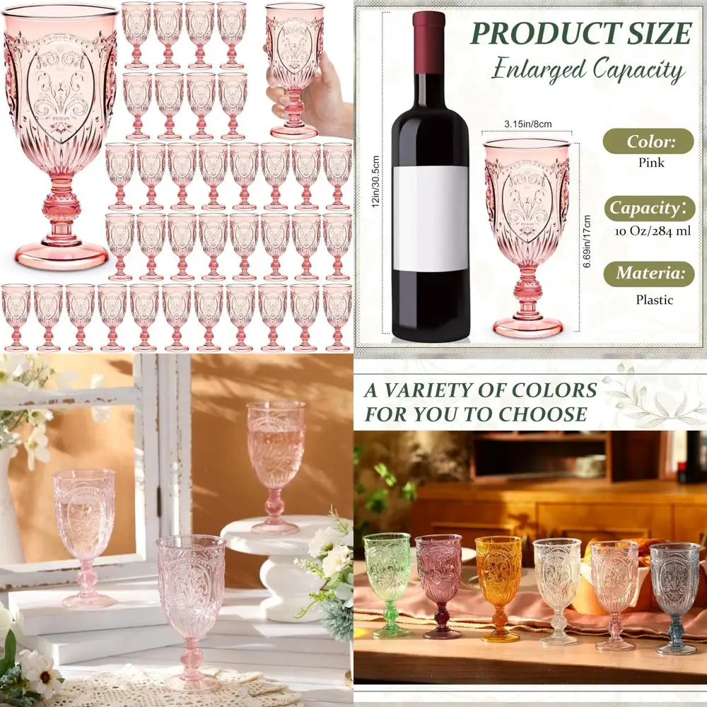 

10oz Plastic Goblets Vintage Style 36 Pack - Colored Retro Embossed Glassware for Party Wine Beverages