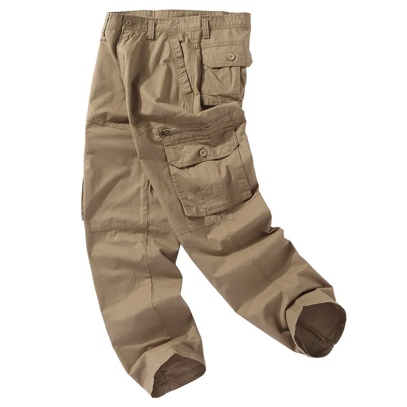 2026 New Spring Cotton Men Cargo Pants Solid Color Straight Multi Pockets Casual Pants Mens Fashion Style Workwear Trousers
