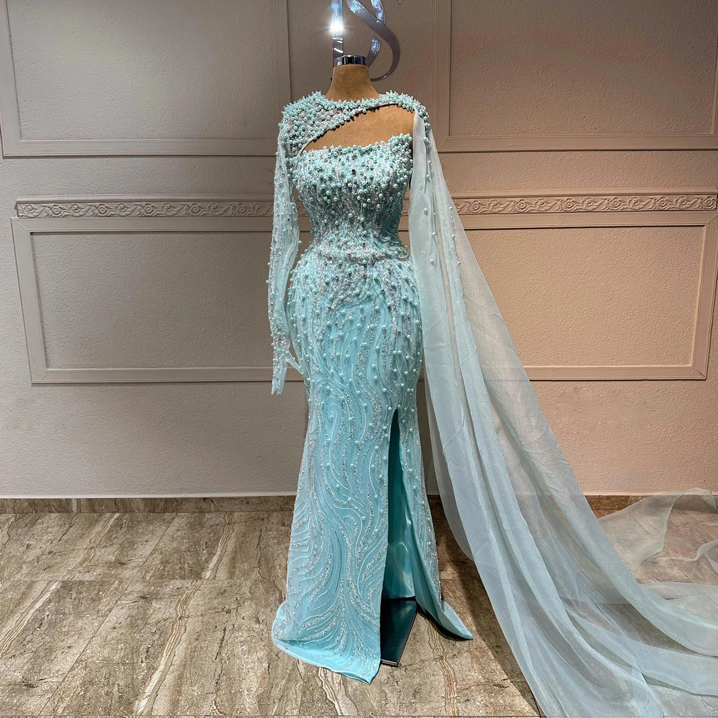 Sharon Said Luxury Turquoise Pearls Memaid Evening Dress with Cape Sleeves Side Slit Women Party Prom Dresses SS133 Customized