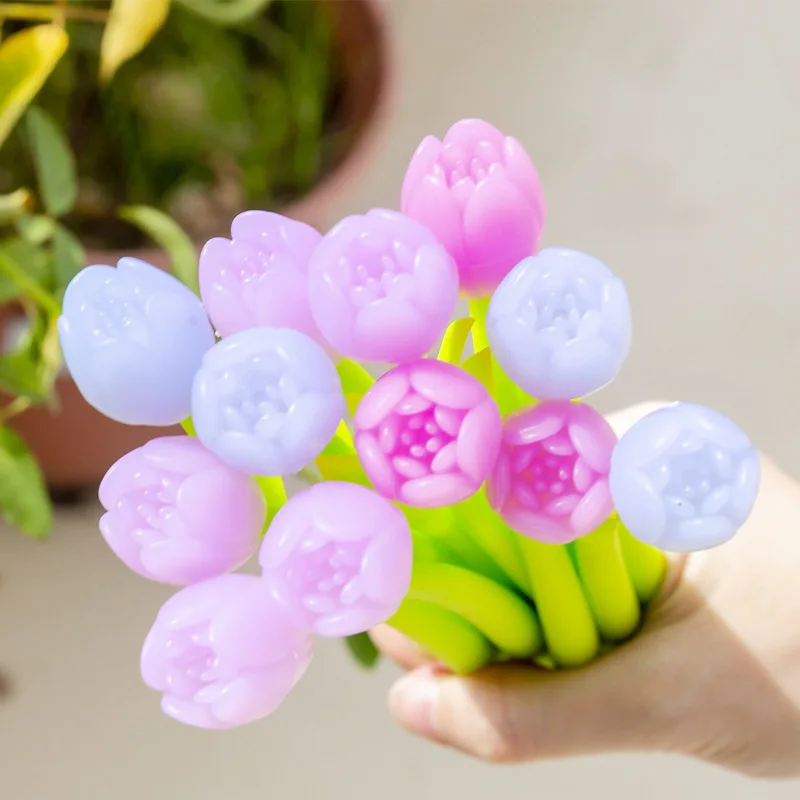 Imagem -03 - Silicone Flower Gel Canetas com Mudança de Cor Caneta Kawaii Bonito Tulipa Escrita Criativa Preto Kawaii Material Escolar 0.5 mm 10 Pcs por Lote