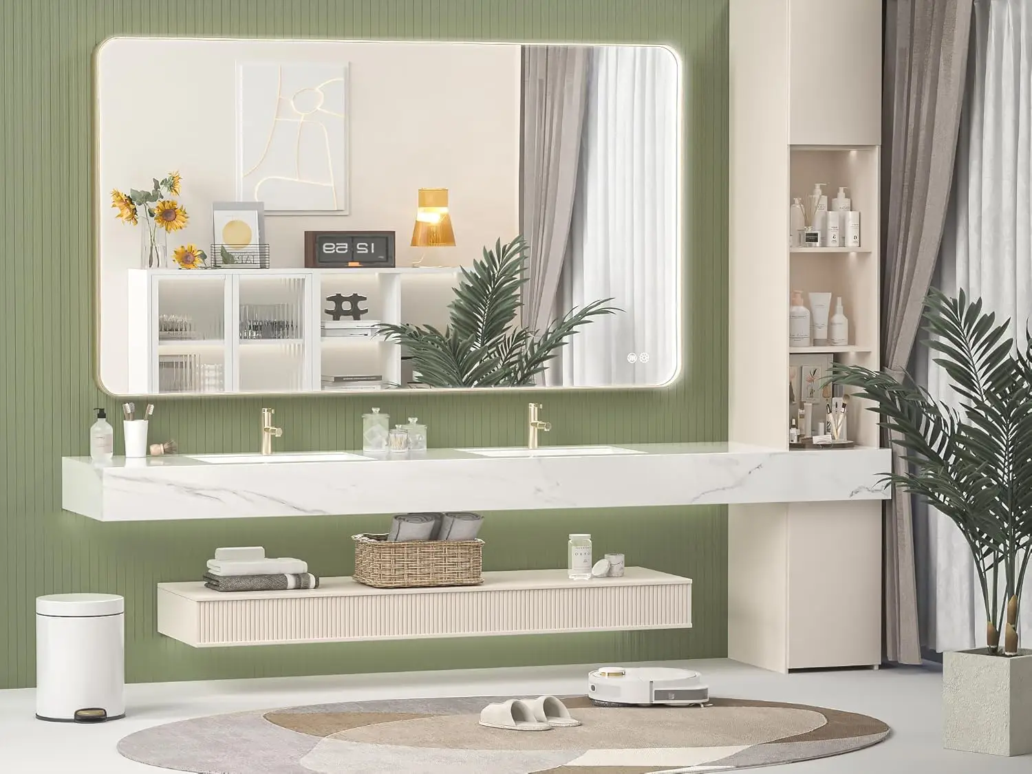 60"" X 36"" Led Bathroom Mirror With Lights, Rounded Rectangle Gold Frame Embedded Light Strip Design Vanity Mirror, 3 Colors &