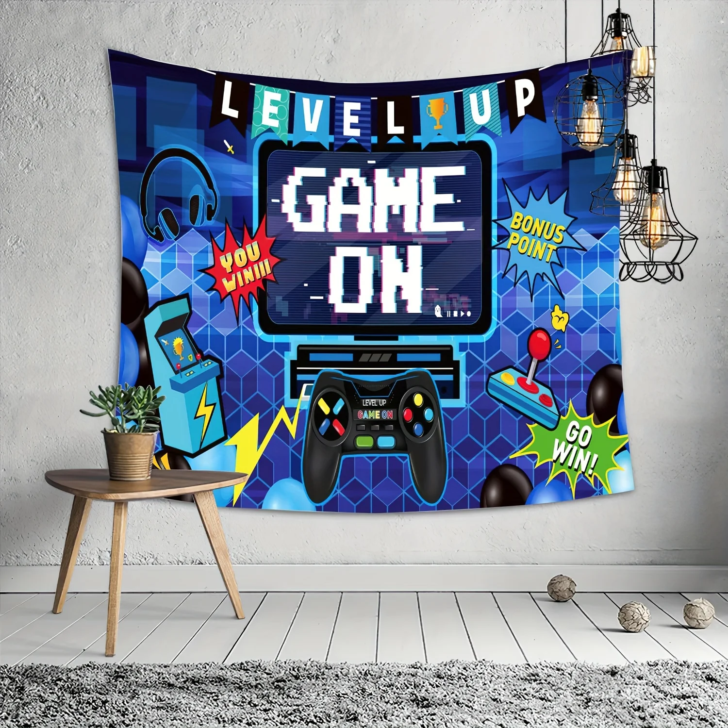 Energetic Gaming Paradise Wall Tapestry for Playful Room Decor, Featuring a Vibrant and Dynamic Illustration of Retro Video