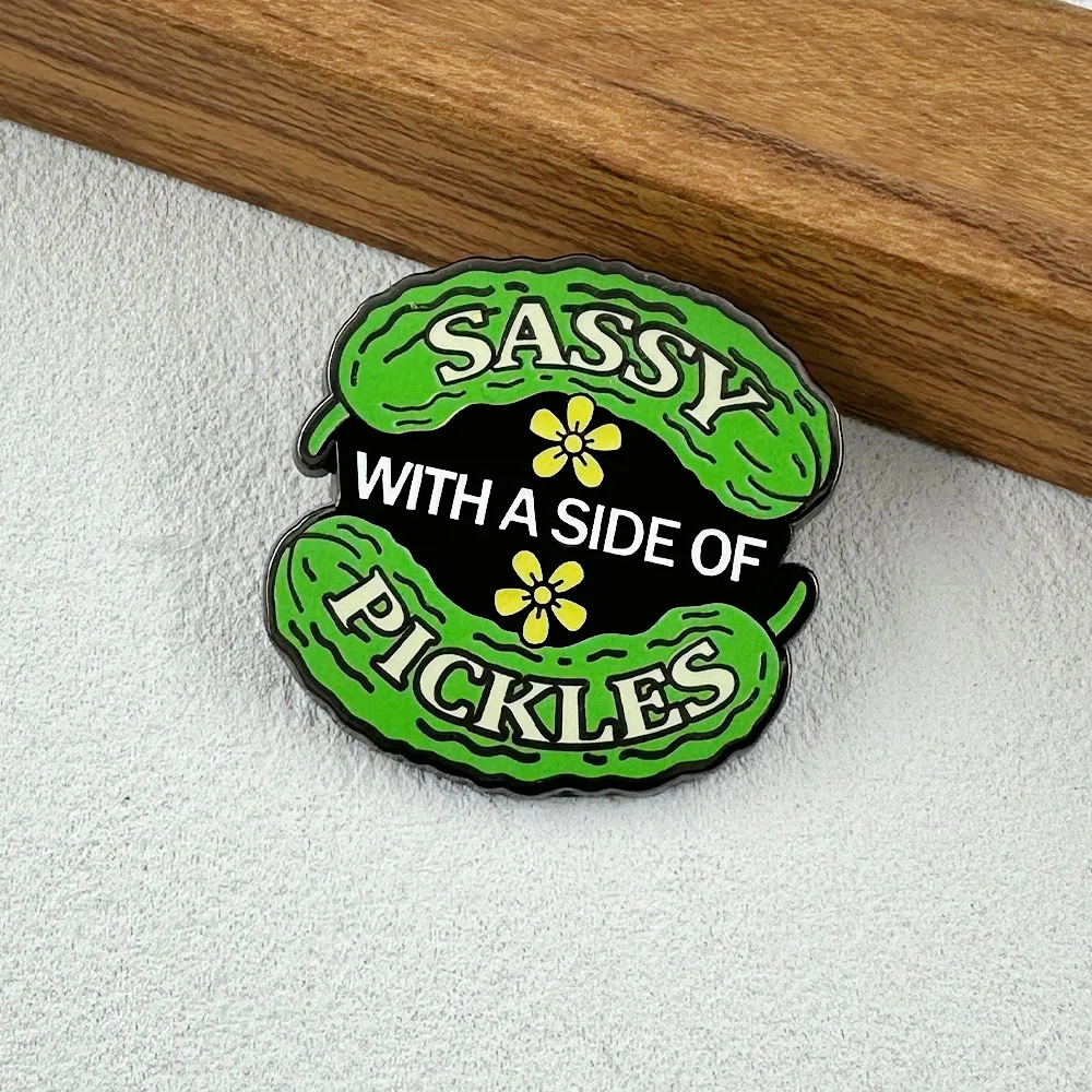 

Funny Sassy With A Side Of Pickles Enamel Brooch Cute Green Cucumber Shaped Lapel Pin Humorous Food Themed Accessory Badge Gift