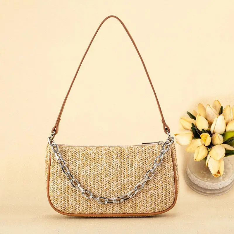 

Summer 2024 New Trendy Chain Shoulder Bags Straw Weaving Bag for Women Fashion Handbags Female Vacation Beach Underarm Bags