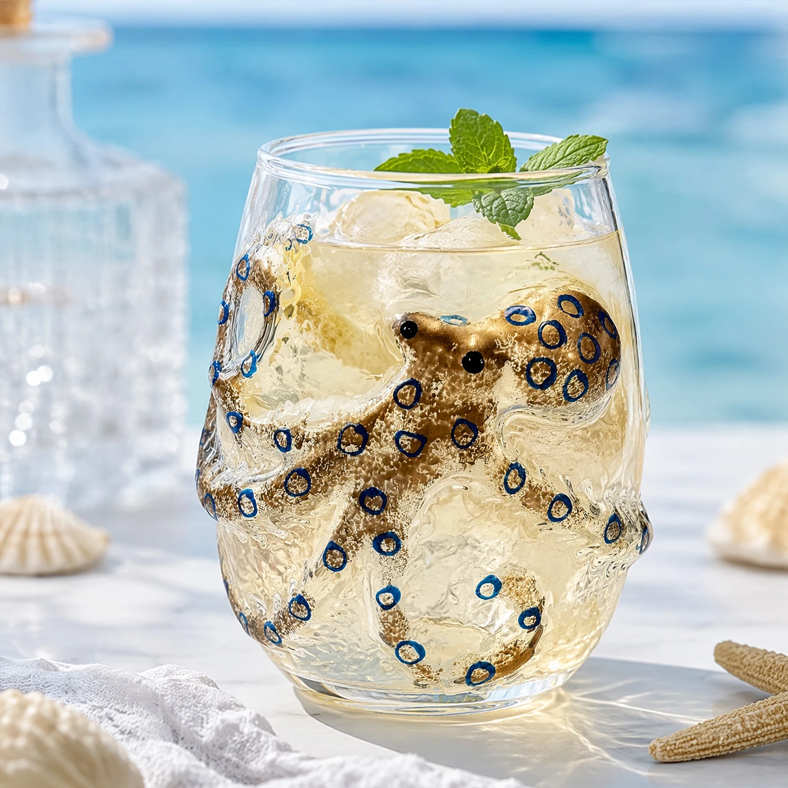 Artistic 3D Stemless Wine Glasses 12 Oz Handcrafted Marine Animal Bar Glass Novelty Drinking Glass for Coastal Ocean Lovers