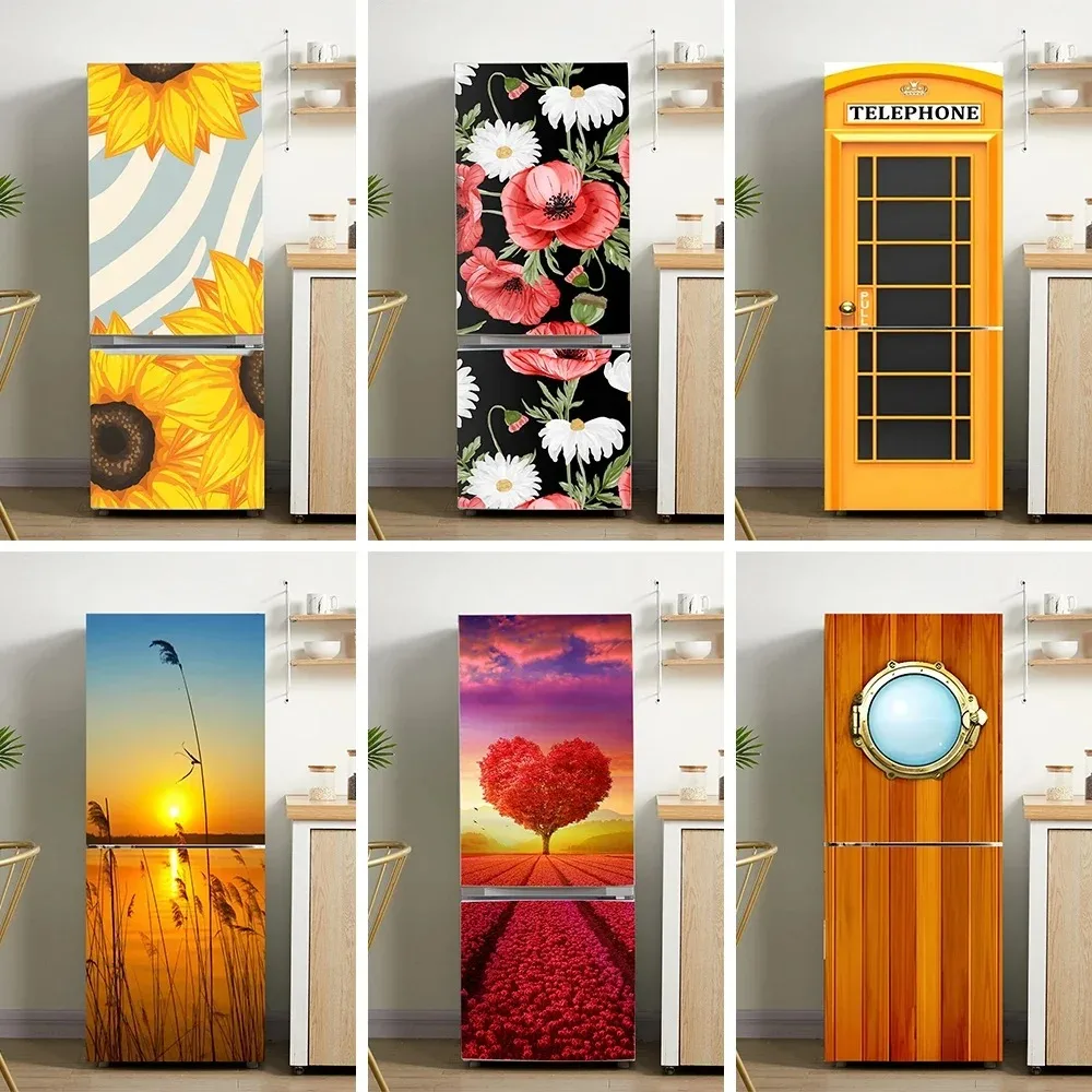 

Illustration Flower Telephone Fridge Door Sticker Waterproof PVC Removable Kitchen Cabinet Freezer Mural Decals