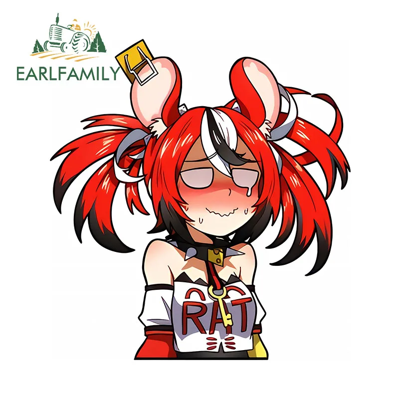 EARLFAMILY Hololive Hakos Baelz Chibi Furry Car Stickers Anime Peek Kawaii Blush Red Hair Mouse Decal Cartoon Interesting Decor