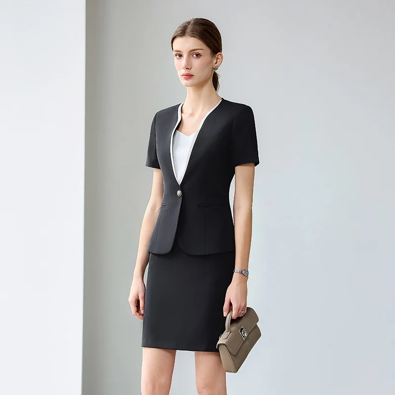 Profesional de manga corta para salón de belleza, empleado, recepción de Hotel, joyería, camarera, uniforme de trabajo, falda profesional para mujer S
