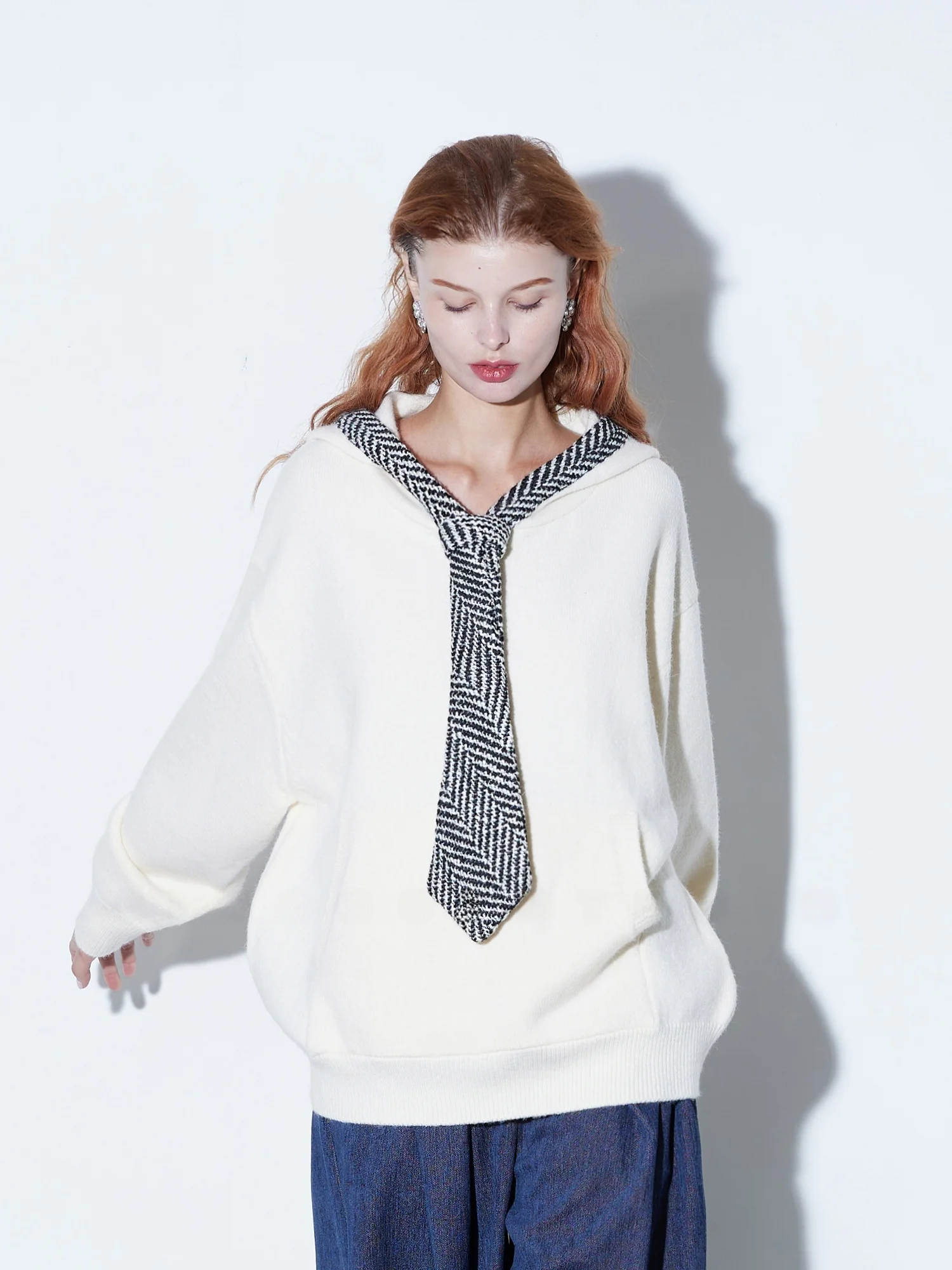 

Зимняя повседневная толстовка Finocci свободного кроя, высококачественный свитер с защитой от катышков, черно-белый вязаный свитер с узором в клетку