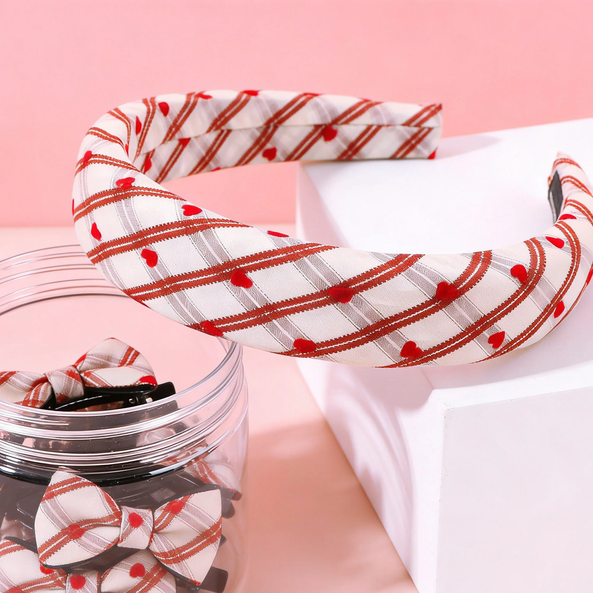 

1Pc Velvet Heart Plaid Print Stripe Hair Accessory Headband Decoration Casual Hair Accessory For Normal Hair Style