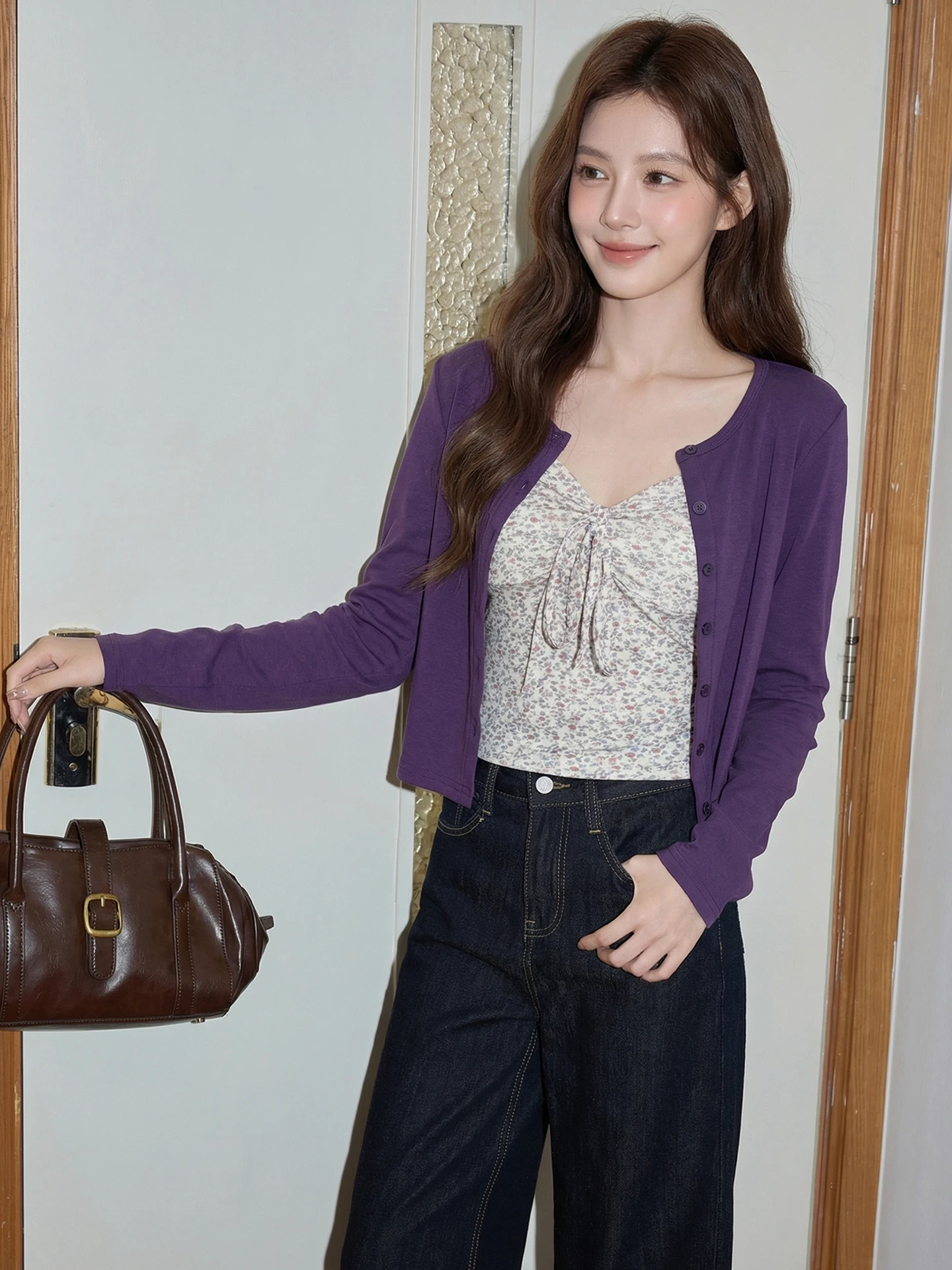 

Весенне-летний комплект из двух предметов: вязаный кардиган с цветочным узором и жилет на шнуровке, женская повседневная одежда в корейском стиле, солнцезащитный топ с длинными рукавами