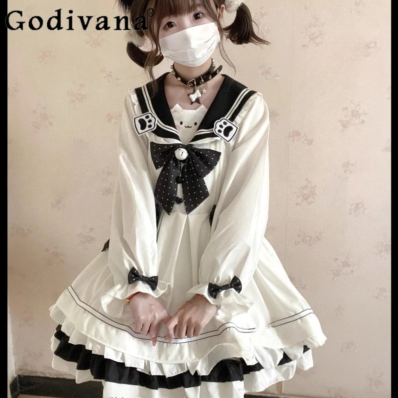 

Оригинальное темно-синее платье с воротником «Кот ест» в стиле Лолиты, женское милое платье в студенческом стиле в стиле Лолиты, женское милое платье в японском стиле