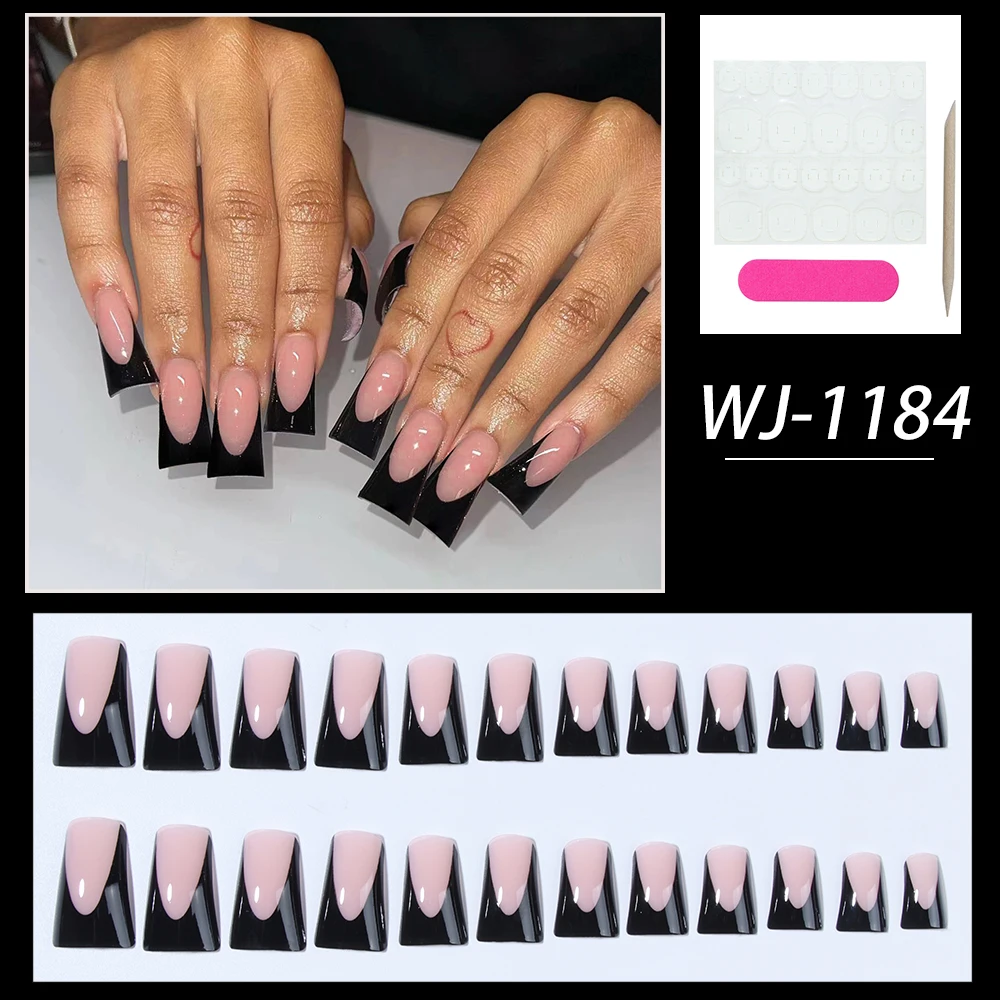 24pcs medium-long false nails black French duck feet, simple bright surface design, full-cover press on nails，suitable for women