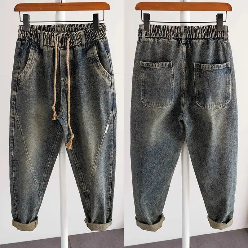 Autumn and Winter Korean Popular Clothes New Drawstring Elastic Men's Jeans Thick Trend Retro Loose Cone Small Feet Harlan Pants