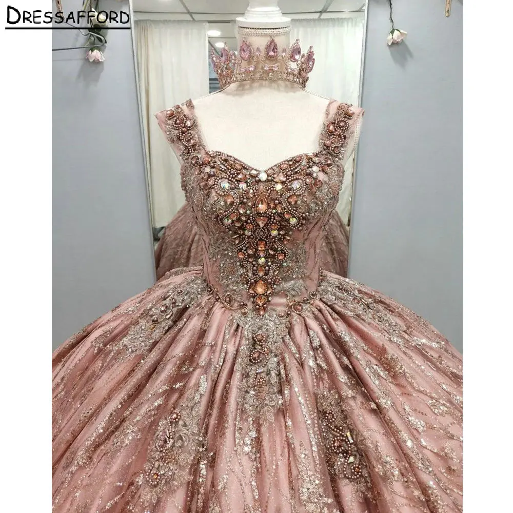 Rose Gold Handmade Beading Corset Quinceanera Dress Ball Gown Off The Shoulder Glitter Crystal Graduation 7th Vestido De XV Anos