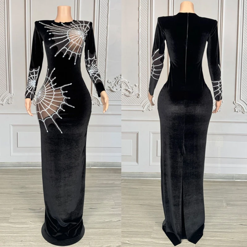 クモの巣ラインストーンイブニングドレス女性黒ベルベットフェスティバル衣装パーティードレスジャズダンス衣装ステージドレス XS10094