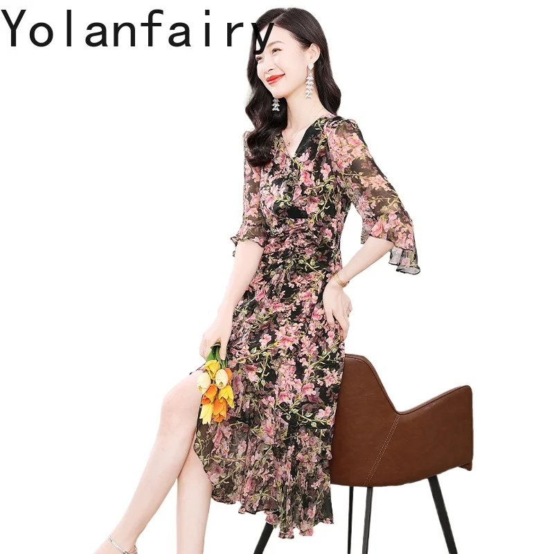 ชุดเดรสไหมมัลเบอร์รี่แท้ 100% คุณภาพสูงจาก YOLANFAIRY สำหรับผู้หญิง ฤดูร้อน ดีไซน์หรูหราลายดอกไม้ เสื้อผ้าผู้หญิง แต่งระบายชายกระโปรง