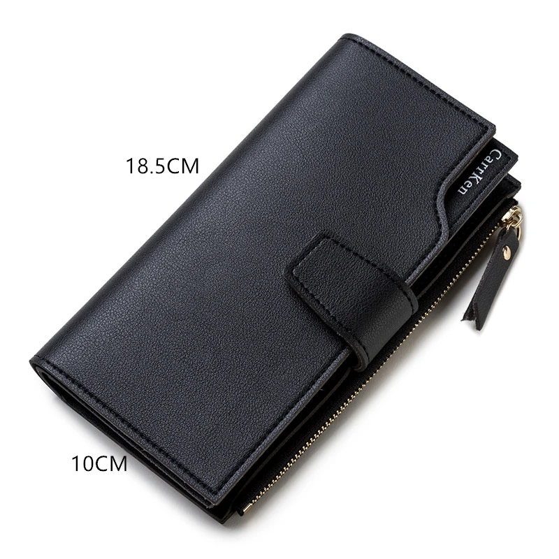 PU Leather Ladies Long Wallet Three Fold Money Clip with Zipper and Buckle Large Capacity Card Holder Korean Style Coin Purse