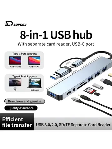 8 in 1 in 1 USB Type C Hub Docking Station with 3.5mm Audio Jack Micro SD Card Reader for Laptop Tablet Phone Disk Converter
