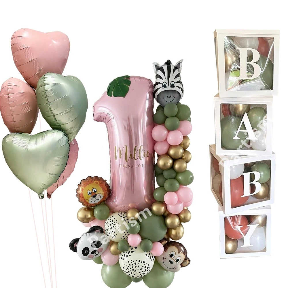 1set Wild One Animal Balloon Tower with Pink Number Balloon for Girl's Jungle Safari Forest Happy Birthday Party Decorations