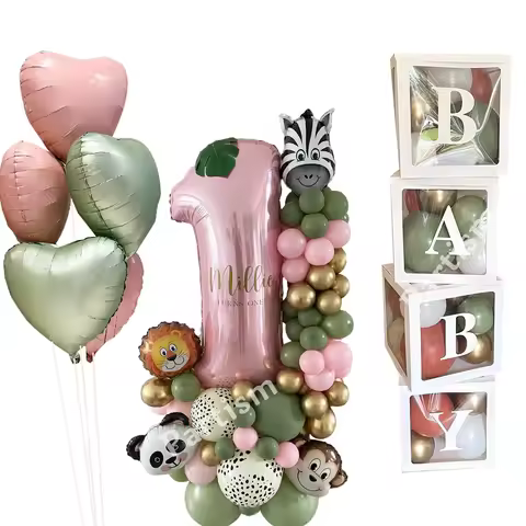 1set Wild One Animal Balloon Tower with Pink Number Balloon for Girl's Jungle Safari Forest Happy Birthday Party Decorations
