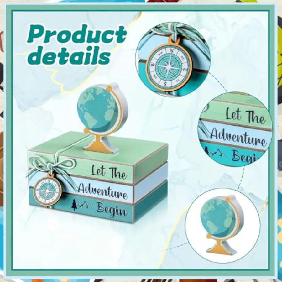 قطع مركزية خشبية تحت عنوان السفر، صينية متدرجة لتزيين الطاولة، مغامرة تنتظر ديكور الحفلات، السفر حول العالم Bon V
