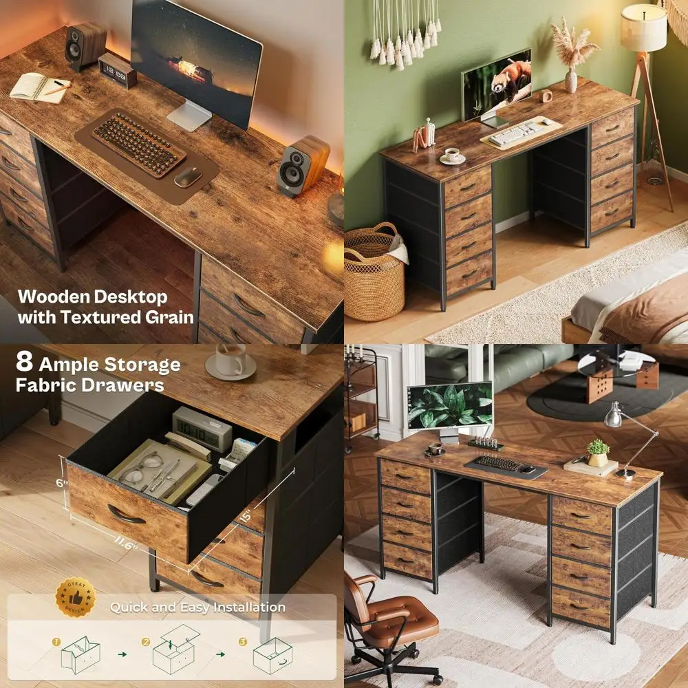 Mesa de escritório doméstico e para jogos de armazenamento grande marrom rústico 55 com 8 gavetas de tecido