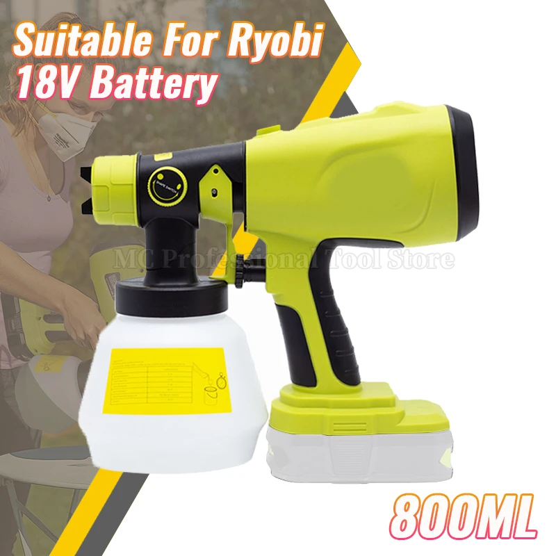 Cordless Electric Spray Gun with 3 Spray Patterns For Ryobi 18V Battery Handheld 800ML High Power Electric Paint Sprayer