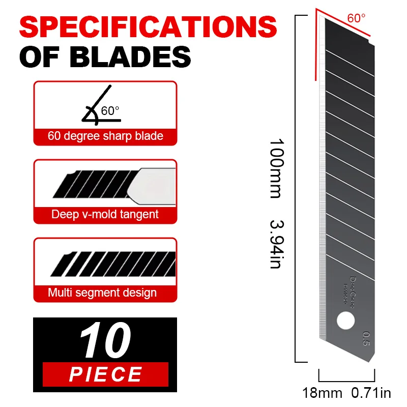18mm Snap Off Utility Knife Blades CK75 Steel 0.6mm Thick 60° Black Replacement Blades for Box Cutter Craft Knife