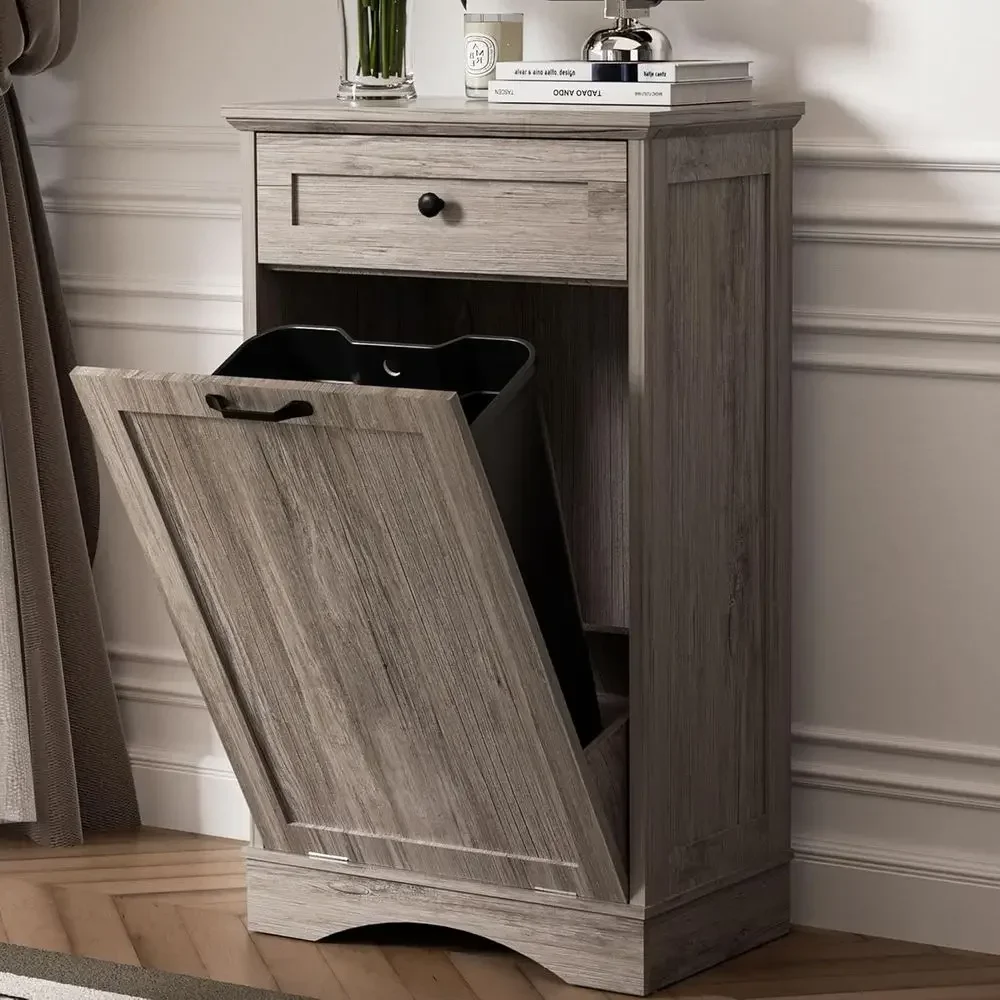 

Grey Freestanding Garbage and Recycling Cabinet with Hidden Trash Bin for Kitchen or Living Room