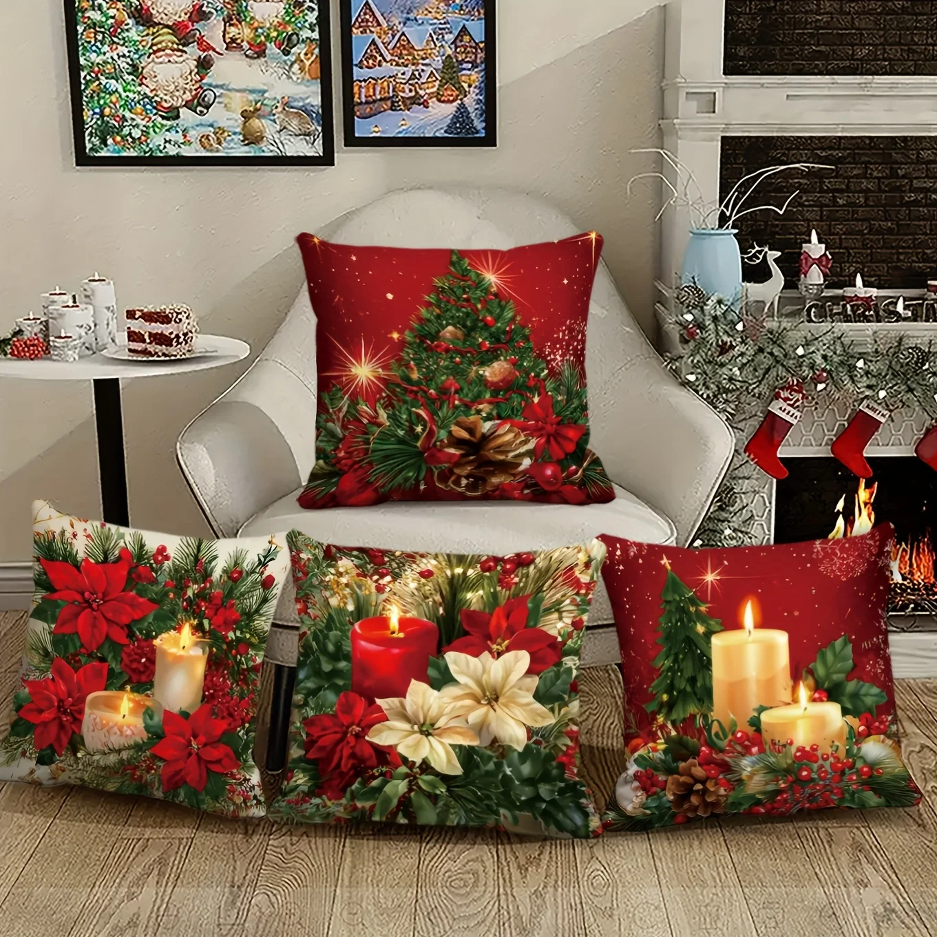 2D FLAT-1/4pcs Christmas Throw Pillow Covers Set of 4 Sofa chair farmhouse holiday decoration cushion cover
