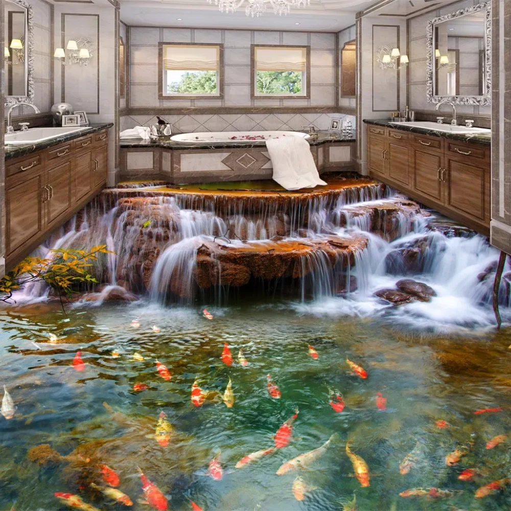 Custom 3D Floor Wallpaper Waterfall Carp Bathroom Floor Mural Paintings 3D PVC Self-adhesive Wall Sticker Wallpaper Waterproof