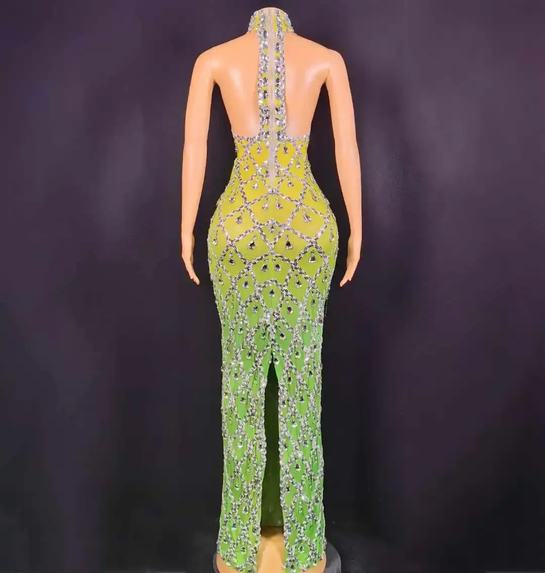 Sexy Sleeveless Long Dress For Women High Collar Crystals Rhinestone Stretch Singer Club Ballroom Goddess Flash Birthday Queen