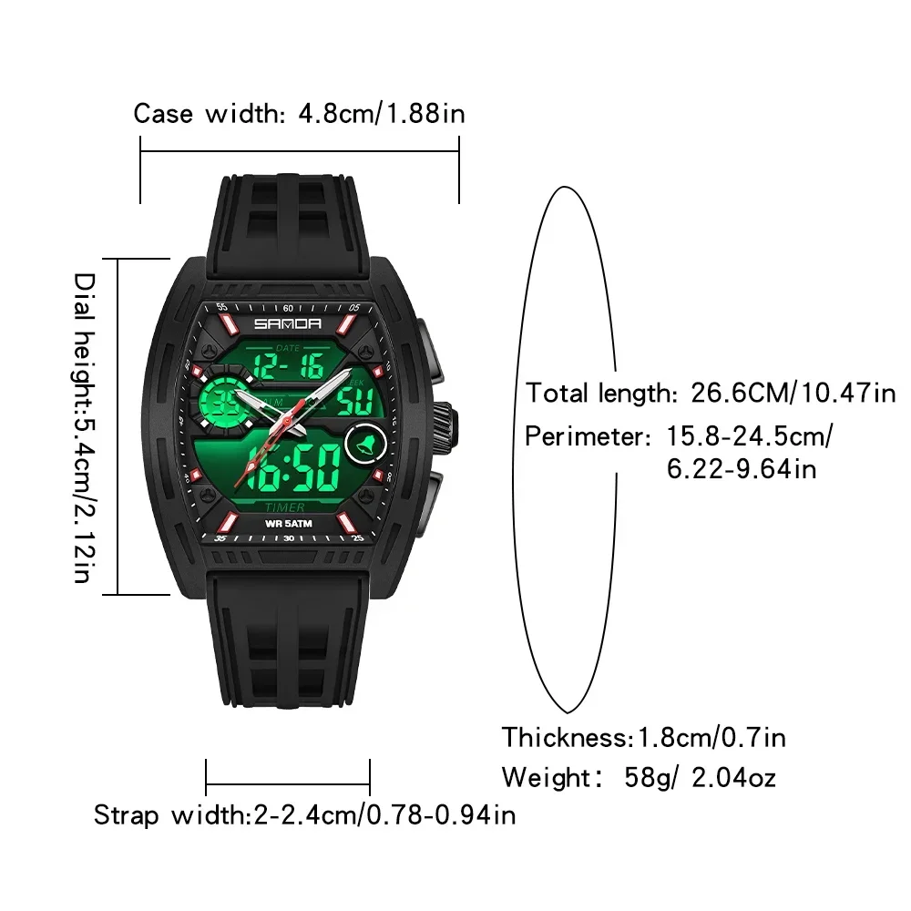 SANDA Fashion Sports Men Clock Date Week Luminous LED Quartz Male Watch Silicone Dual Time Electronic Military Men's Watches