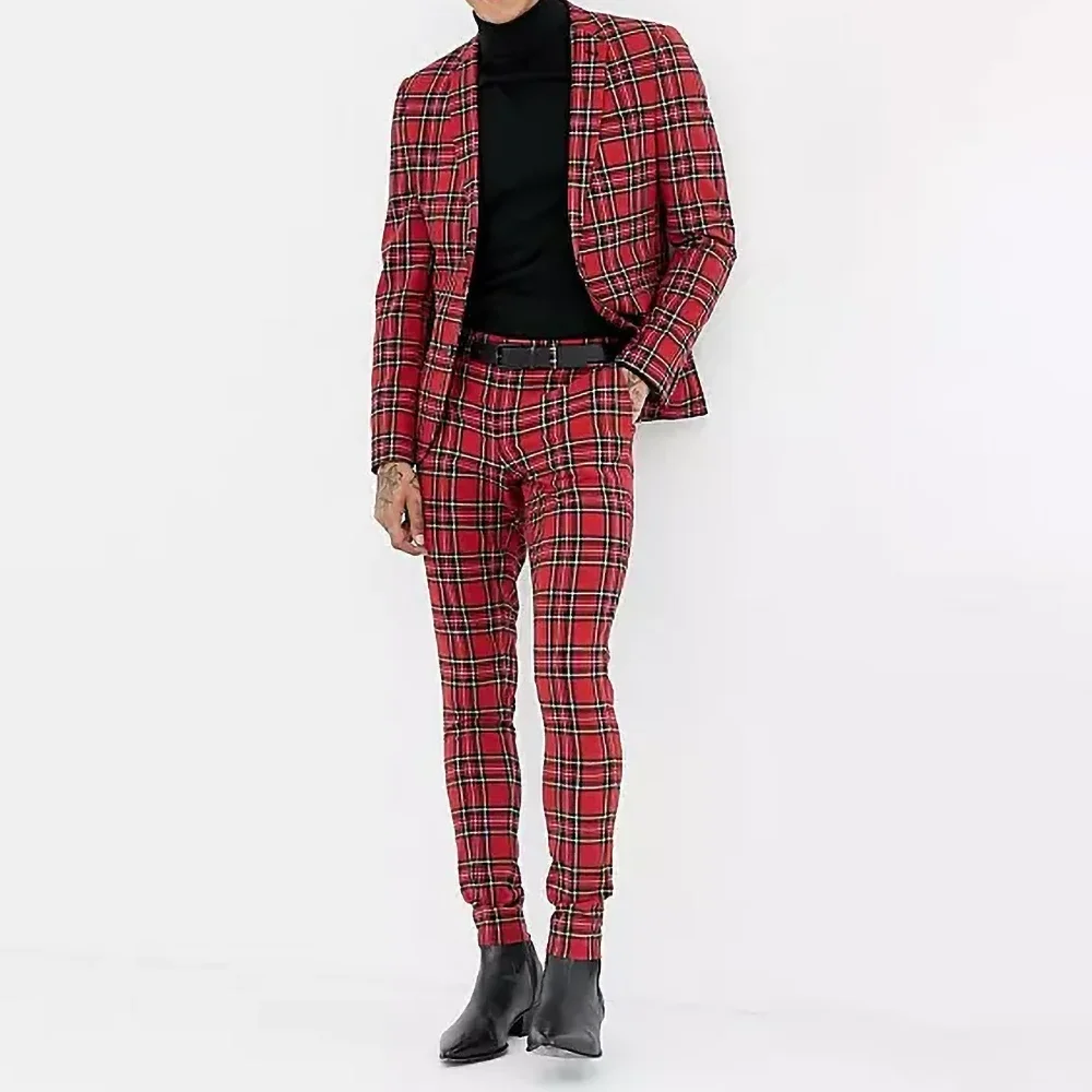 Summer Red Plaid Men Suits Two Piece Latest Design Notch Lapel Single Breasted Male Suit Slim Casual Formal Groom Wedding Tuxedo