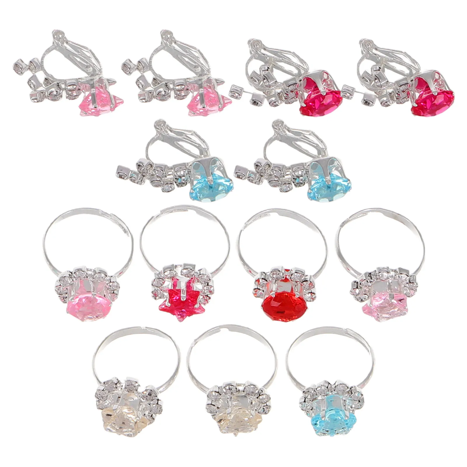 

10Pcs Children Jewelry Set Metal Clip Earrings Rings Dress up Pretend Play Party Favors Toddler Toys Accessories Gift Pack