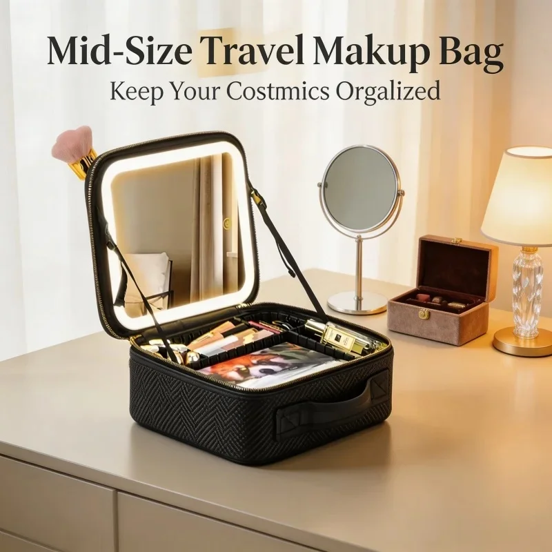 3 Color Train Case Mirror, White Portable Makeup Case Waterproof Organizer with Adjustable Dividers, Cosmetics Storage Case Gift