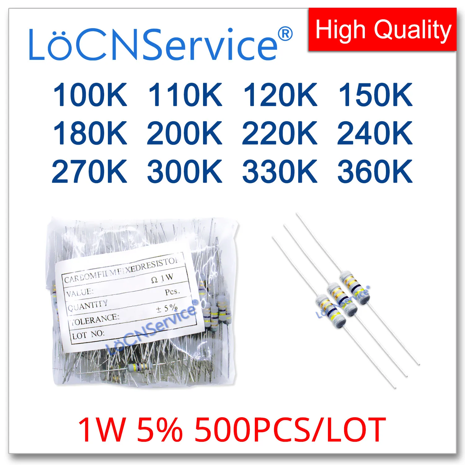 LoCNService 500 шт./лот 5% 1 Вт 100 К 110 К 120 К 150 К 180 К 200 К 220 К 240 К 270 К 300 К 330 К 360 К Резистор из углеродной пленки DIP Ом