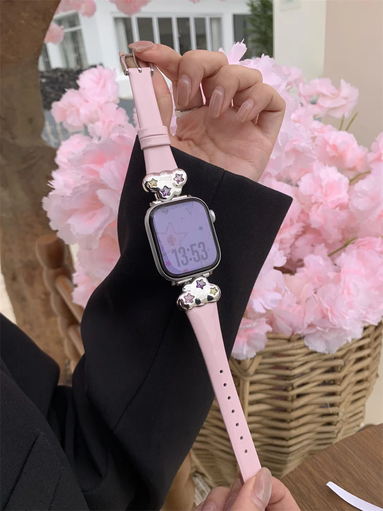 Luxury Leather Strap For Apple Watch 38mm 40 41mm 42mm 45 46mm 49mm Cute Diamond Bracelet Band For iWatch Ultra 10 9 8 SE 7 6 5