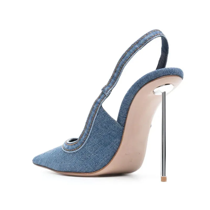 European and American Back Strap Denim High Heels, Thin Heels, Pointed Metal Heels, Stage Dance Performances, Walking Shows